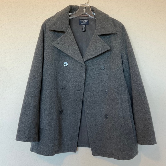 American Eagle Wool Blend Pea Coat Grey Double Breasted Pockets Collared VGUC M - Picture 4 of 14